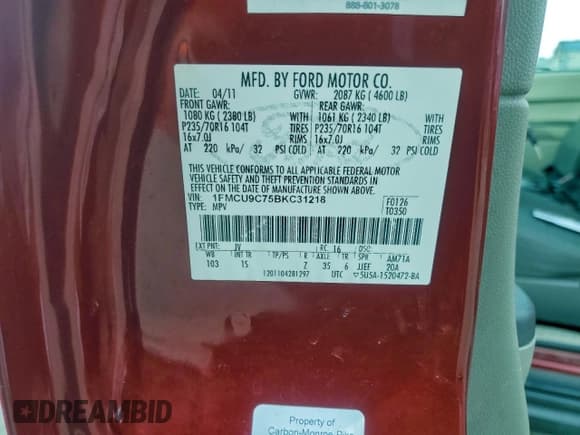 ✅ 2011 Ford Escape XLS • VIN: 1FMCU9C75BKC31218 • Лот: 95907075. Опубликован ранее на Copart с пробегом 165 892 миль. Бесплатный доступ к архиву аукционных продаж из США и подробный отчёт об истории автомобиля на DreamBid. Изображение 13.