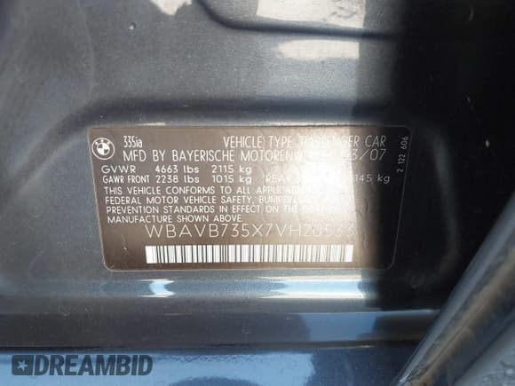 ✅ 2007 BMW 3 Series 335i • VIN: WBAVB735X7VH20533 • Lot: 43238213. Listed on IAAI with 151,720 mi. Free auction sales archive from the USA and detailed vehicle history report at DreamBid. Image 9.