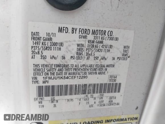 ✅ 2012 Ford Expedition Limited • VIN: 1FMJU1K54CEF12290 • Лот: 43732238. Опубликован ранее на IAAI с пробегом 169 185 миль. Бесплатный доступ к архиву аукционных продаж из США и подробный отчёт об истории автомобиля на DreamBid. Изображение 9.