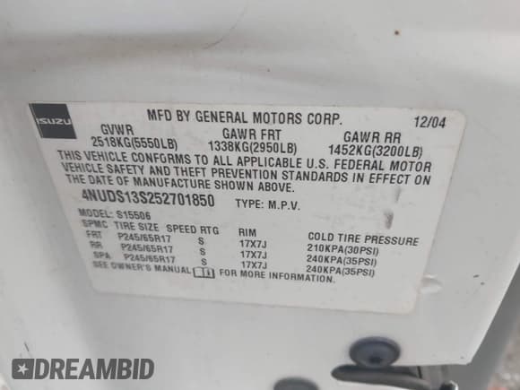 ✅ 2005 Isuzu Ascender S • VIN: 4NUDS13S252701850 • Lot: 43490291. Wystawiony na IAAI z przebiegiem 280 000 mil. Bezpłatny archiwum sprzedaży aukcyjnych z USA i szczegółowy raport historii pojazdu na DreamBid. Zdjęcie 9.