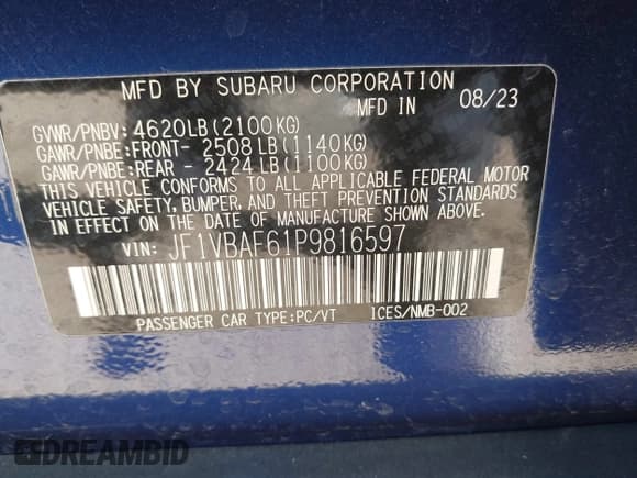 ✅ 2023 Subaru WRX Premium • VIN: JF1VBAF61P9816597 • Lot: 43588110. Listed on IAAI with 22,495 mi. Free auction sales archive from the USA and detailed vehicle history report at DreamBid. Image 9.