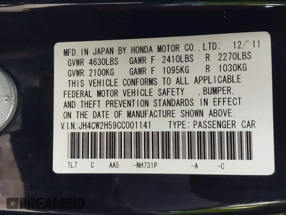 ✅ 2012 Acura TSX • VIN: JH4CW2H59CC001141 • Lot: 42414760. Listed on IAAI with 165,857 mi. Free auction sales archive from the USA and detailed vehicle history report at DreamBid. Image 9.