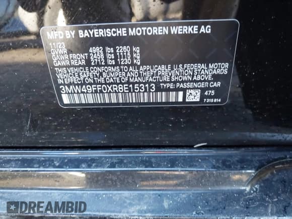 ✅ 2024 BMW 3 Series M340i xDrive • VIN: 3MW49FF0XR8E15313 • Lot: 41385641. Listed on IAAI with 2,914 mi. Free auction sales archive from the USA and detailed vehicle history report at DreamBid. Image 9.