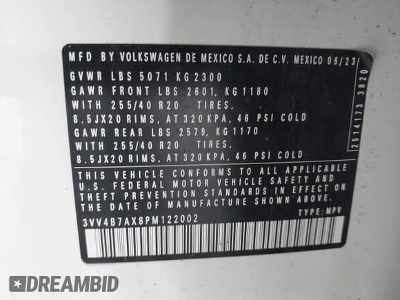 ✅ 2023 Volkswagen Tiguan SEL R-Line • VIN: 3VV4B7AX8PM122002 • Lot: 42489129. Listed on IAAI with 16,557 mi. Free auction sales archive from the USA and detailed vehicle history report at DreamBid. Image 9.