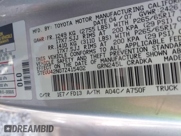 ✅ 2007 Toyota Tacoma • VIN: 5TEUU42N07Z415402 • Lot: 43490722. Listed on IAAI with 91,460 mi. Free auction sales archive from the USA and detailed vehicle history report at DreamBid. Image 9.