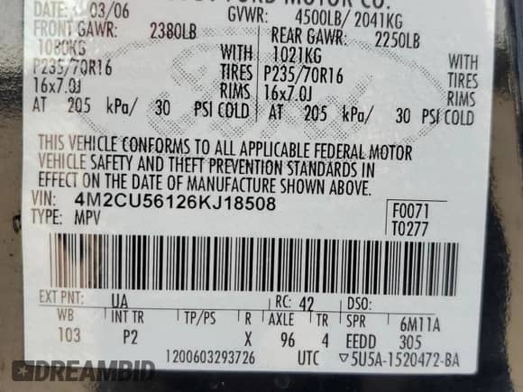 2006 Mercury Mariner Luxury z VIN 4M2CU56126KJ18508, wystawiony jako Copart lot #56960375 z przebiegiem 120 208 mil mil oraz Szkoda całkowita • Salvage title. Historia ofert i sprzedaży dostępna na DreamBid. Obrazek 14.