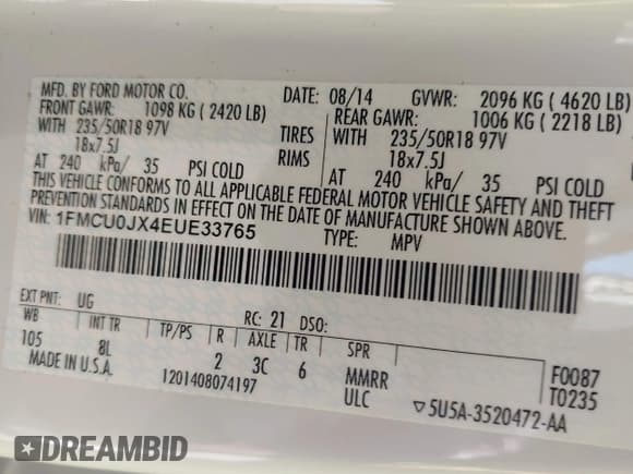 ✅ 2014 Ford Escape Titanium • VIN: 1FMCU0JX4EUE33765 • Лот: 43438195. Опубликован ранее на IAAI с пробегом 150 967 миль. Бесплатный доступ к архиву аукционных продаж из США и подробный отчёт об истории автомобиля на DreamBid. Изображение 9.