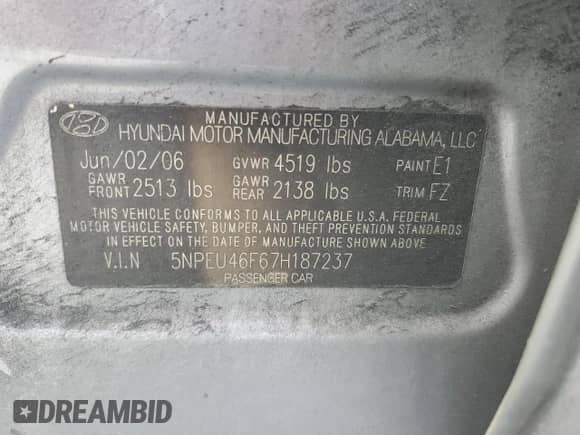 2007 Hyundai Sonata SE with VIN 5NPEU46F67H187237, listed as a Copart auction lot 70573204 with 122,039 mi miles and Clean title. Bid and sale history available at DreamBid. Image 12.