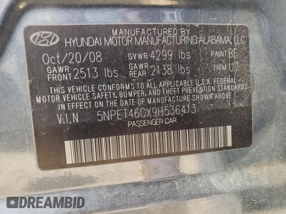 ✅ 2009 Hyundai Sonata GLS • VIN: 5NPET46CX9H536413 • Лот: 55217494. Опубликован ранее на Copart с пробегом 89 047 миль. Бесплатный доступ к архиву аукционных продаж из США и подробный отчёт об истории автомобиля на DreamBid. Изображение 12.