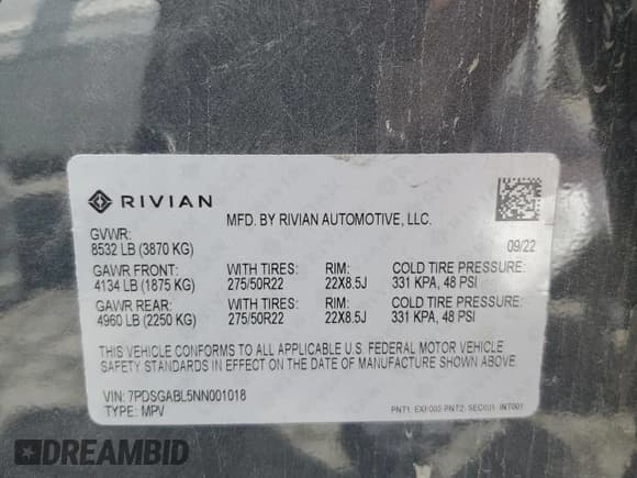 ✅ 2022 Rivian R1S Launch Edition • VIN: 7PDSGABL5NN001018 • Lot: 56914725. Wystawiony na Copart z przebiegiem 26 156 mil. Bezpłatny archiwum sprzedaży aukcyjnych z USA i szczegółowy raport historii pojazdu na DreamBid. Zdjęcie 14.