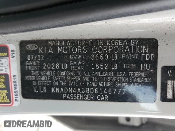 ✅ 2013 Kia Rio EX • VIN: KNADN4A38D6146777 • Lot: 57823005. Listed on Copart with 249,556 mi. Free auction sales archive from the USA and detailed vehicle history report at DreamBid. Image 13.