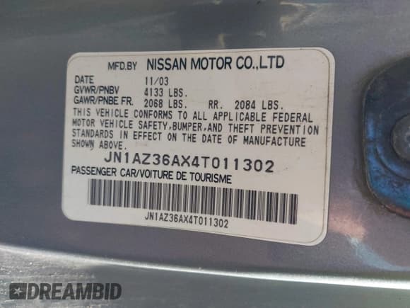 ✅ 2004 Nissan 350Z Touring • VIN: JN1AZ36AX4T011302 • Lot: 41868504. Listed on IAAI with 78,683 mi. Free auction sales archive from the USA and detailed vehicle history report at DreamBid. Image 9.