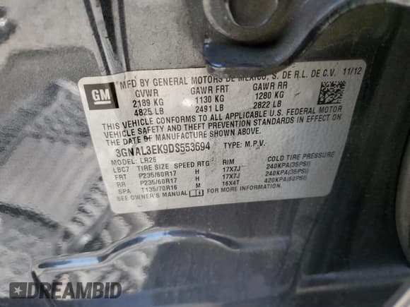 ✅ 2013 Chevrolet Captiva Sport LT • VIN: 3GNAL3EK9DS553694 • Lot: 44338505. Wystawiony na Copart z przebiegiem 120 078 mil. Bezpłatny archiwum sprzedaży aukcyjnych z USA i szczegółowy raport historii pojazdu na DreamBid. Zdjęcie 15.