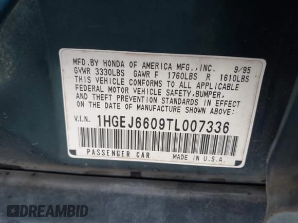 ✅ 1996 Honda Civic LX • VIN: 1HGEJ6609TL007336 • Лот: 43206755. Опубликован ранее на IAAI с пробегом 165 928 миль. Бесплатный доступ к архиву аукционных продаж из США и подробный отчёт об истории автомобиля на DreamBid. Изображение 9.