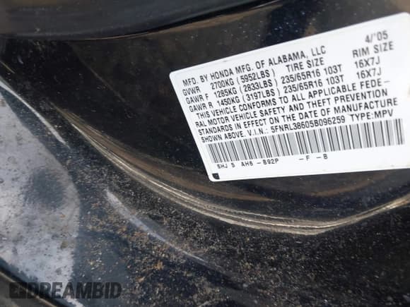 ✅ 2005 Honda Odyssey EX-L • VIN: 5FNRL38605B096259 • Lot: 43254358. Listed on IAAI with Not provided. Free auction sales archive from the USA and detailed vehicle history report at DreamBid. Image 9.