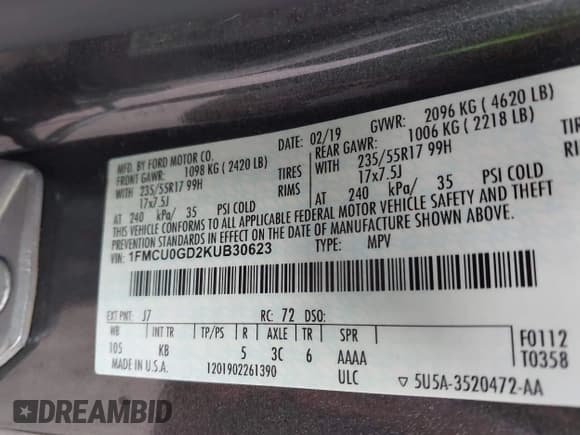 ✅ 2019 Ford Escape SE • VIN: 1FMCU0GD2KUB30623 • Lot: 43710400. Listed on IAAI with 104,497 mi. Free auction sales archive from the USA and detailed vehicle history report at DreamBid. Image 9.