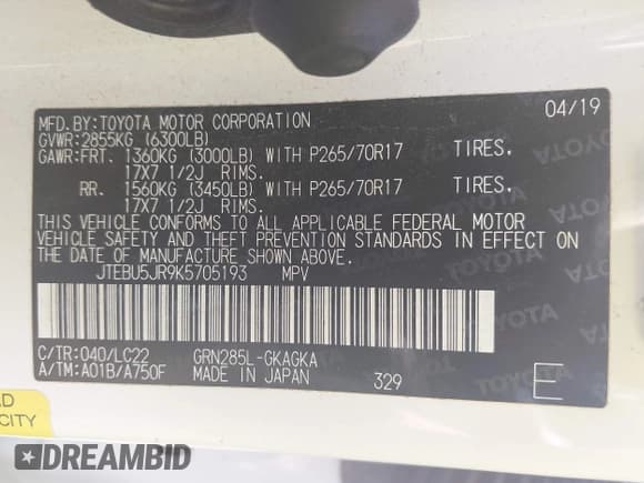 ✅ 2019 Toyota 4Runner SR5 • VIN: JTEBU5JR9K5705193 • Лот: 42914653. Опубликован ранее на IAAI с пробегом Не указан. Бесплатный доступ к архиву аукционных продаж из США и подробный отчёт об истории автомобиля на DreamBid. Изображение 9.