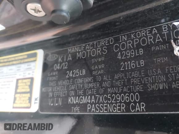 ✅ 2012 Kia Optima LX • VIN: KNAGM4A7XC5290600 • Лот: 43609976. Опубликован ранее на IAAI с пробегом Не указан. Бесплатный доступ к архиву аукционных продаж из США и подробный отчёт об истории автомобиля на DreamBid. Изображение 9.