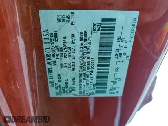 ✅ 1998 Ford F-150 • VIN: 1FTZX1761WNB53405 • Lot: 94944725. Listed on Copart with 307,054 mi. Free auction sales archive from the USA and detailed vehicle history report at DreamBid. Image 12.