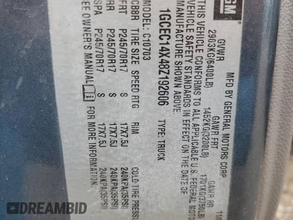 2008 Chevrolet Silverado 1500 Work Truck with VIN 1GCEC14X48Z192606, listed as a Copart auction lot 78274424 with 212,546 mi miles and Salvage title. Bid and sale history available at DreamBid. Image 14.