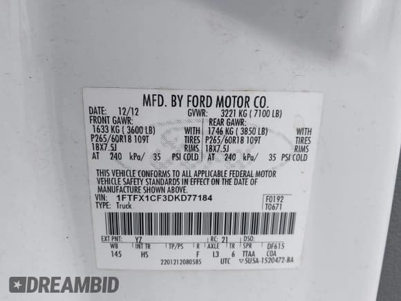 ✅ 2013 Ford F-150 STX • VIN: 1FTFX1CF3DKD77184 • Lot: 43638483. Listed on IAAI with 188,578 mi. Free auction sales archive from the USA and detailed vehicle history report at DreamBid. Image 9.