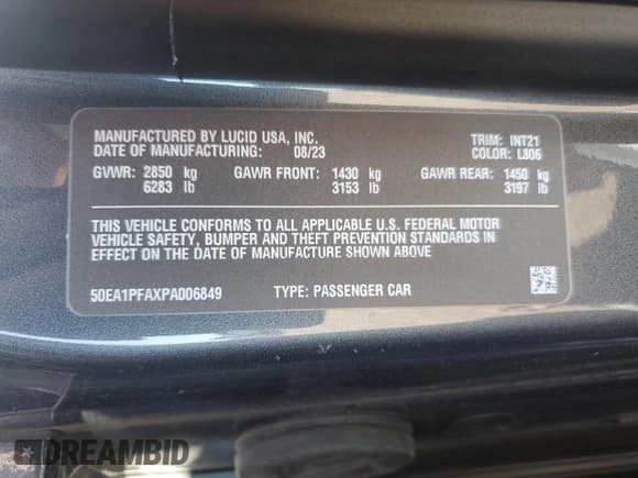 ✅ 2023 Lucid Air Pure • VIN: 50EA1PFAXPA006849 • Лот: 63522005. Опубликован ранее на Copart с пробегом 19 094 миль. Бесплатный доступ к архиву аукционных продаж из США и подробный отчёт об истории автомобиля на DreamBid. Изображение 12.