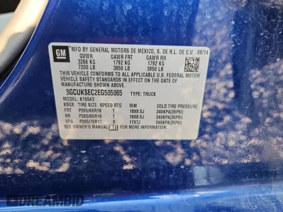 2014 Chevrolet Silverado 1500 LTZ with VIN 3GCUKSEC2EG505065, listed as a Copart auction lot 84912115 with 181,108 mi miles and Salvage title. Bid and sale history available at DreamBid. Image 13.