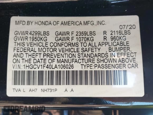 ✅ 2020 Honda Accord EX • VIN: 1HGCV1F40LA106026 • Лот: 43339551. Опубликован ранее на IAAI с пробегом 64 548 миль. Бесплатный доступ к архиву аукционных продаж из США и подробный отчёт об истории автомобиля на DreamBid. Изображение 9.