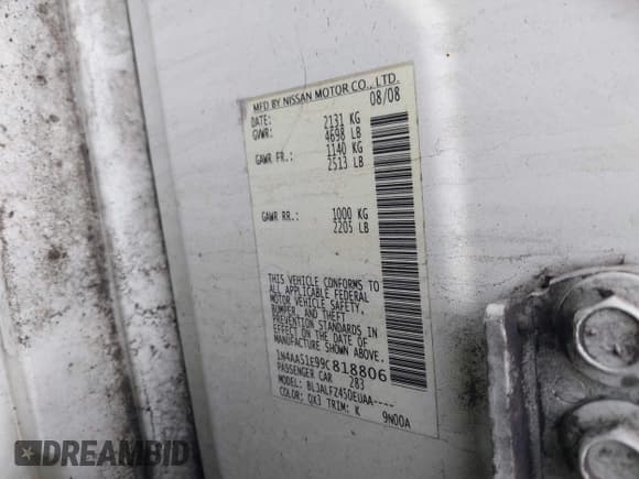 ✅ 2009 Nissan Maxima SV • VIN: 1N4AA51E99C818806 • Lot: 43272643. Wystawiony na IAAI z przebiegiem 199 527 mil. Bezpłatny archiwum sprzedaży aukcyjnych z USA i szczegółowy raport historii pojazdu na DreamBid. Zdjęcie 9.