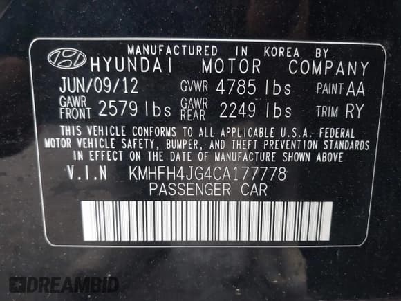 ✅ 2012 Hyundai Azera • VIN: KMHFH4JG4CA177778 • Lot: 42172911. Listed on IAAI with 154,680 mi. Free auction sales archive from the USA and detailed vehicle history report at DreamBid. Image 9.