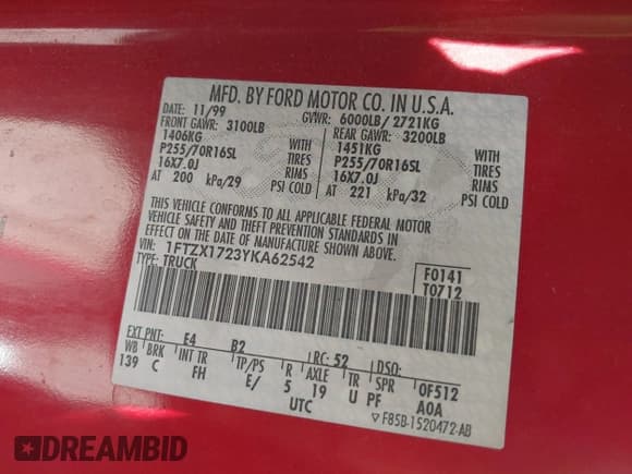 ✅ 2000 Ford F-150 XL • VIN: 1FTZX1723YKA62542 • Лот: 42760155. Опубликован ранее на IAAI с пробегом Не указан. Бесплатный доступ к архиву аукционных продаж из США и подробный отчёт об истории автомобиля на DreamBid. Изображение 9.