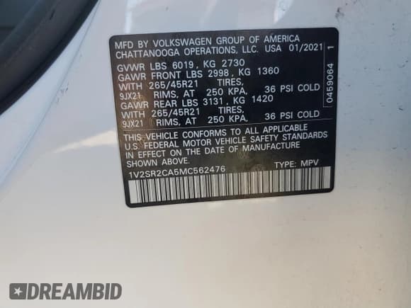 ✅ 2021 Volkswagen Atlas SEL R-Line • VIN: 1V2SR2CA5MC562476 • Lot: 41862995. Listed on Copart with 54,903 mi. Free auction sales archive from the USA and detailed vehicle history report at DreamBid. Image 15.