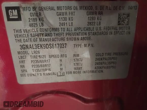 ✅ 2013 Chevrolet Captiva Sport LT • VIN: 3GNAL3EK9DS617037 • Lot: 42177509. Wystawiony na IAAI z przebiegiem 96 513 mil. Bezpłatny archiwum sprzedaży aukcyjnych z USA i szczegółowy raport historii pojazdu na DreamBid. Zdjęcie 9.