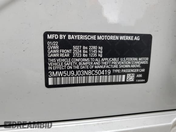 ✅ 2022 BMW 3 Series M340i xDrive • VIN: 3MW5U9J03N8C50419 • Lot: 54920175. Listed on Copart with 11,875 mi. Free auction sales archive from the USA and detailed vehicle history report at DreamBid. Image 13.