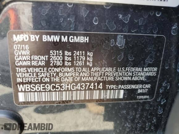 ✅ 2017 BMW M6 • VIN: WBS6E9C53HG437414 • Lot: 61141685. Listed on Copart with 89,893 mi. Free auction sales archive from the USA and detailed vehicle history report at DreamBid. Image 12.