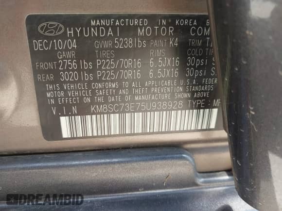 2005 Hyundai Santa Fe GLS z VIN KM8SC73E75U938928, wystawiony jako IAAI lot #42298752 z przebiegiem 147 476 mil mil oraz . Historia ofert i sprzedaży dostępna na DreamBid. Obrazek 9.