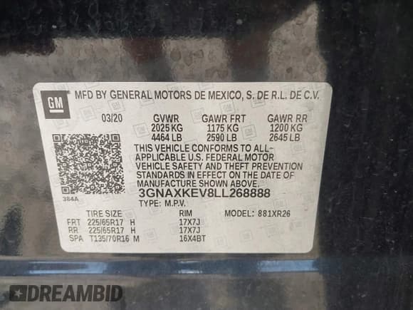✅ 2020 Chevrolet Equinox LT • VIN: 3GNAXKEV8LL268888 • Lot: 43118621. Wystawiony na IAAI z przebiegiem 164 637 mil. Bezpłatny archiwum sprzedaży aukcyjnych z USA i szczegółowy raport historii pojazdu na DreamBid. Zdjęcie 9.