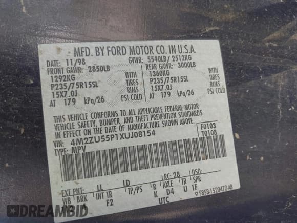 ✅ 1999 Mercury Mountaineer • VIN: 4M2ZU55P1XUJ08154 • Lot: 43857794. Listed on IAAI with 245,120 mi. Free auction sales archive from the USA and detailed vehicle history report at DreamBid. Image 9.