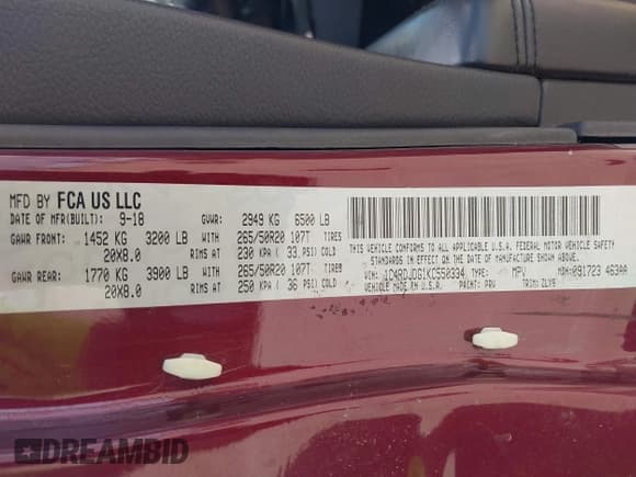 ✅ 2019 Dodge Durango GT Plus • VIN: 1C4RDJDG1KC550334 • Lot: 42795530. Listed on IAAI with 126,964 mi. Free auction sales archive from the USA and detailed vehicle history report at DreamBid. Image 9.