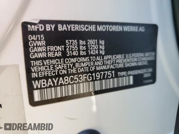 ✅ 2015 BMW 7 Series 750i • VIN: WBAYA8C53FG197751 • Lot: 56249135. Listed on Copart with 98,514 mi. Free auction sales archive from the USA and detailed vehicle history report at DreamBid. Image 12.