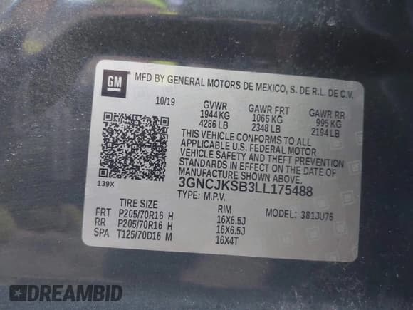 ✅ 2020 Chevrolet Trax LS • VIN: 3GNCJKSB3LL175488 • Lot: 43665428. Listed on IAAI with 27,263 mi. Free auction sales archive from the USA and detailed vehicle history report at DreamBid. Image 9.