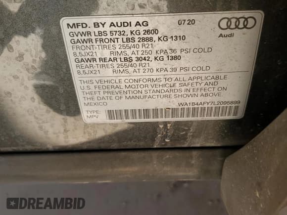 ✅ 2020 Audi SQ5 Premium Plus • VIN: WA1B4AFY7L2095899 • Lot: 80335585. Listed on Copart with 47,661 mi. Free auction sales archive from the USA and detailed vehicle history report at DreamBid. Image 12.