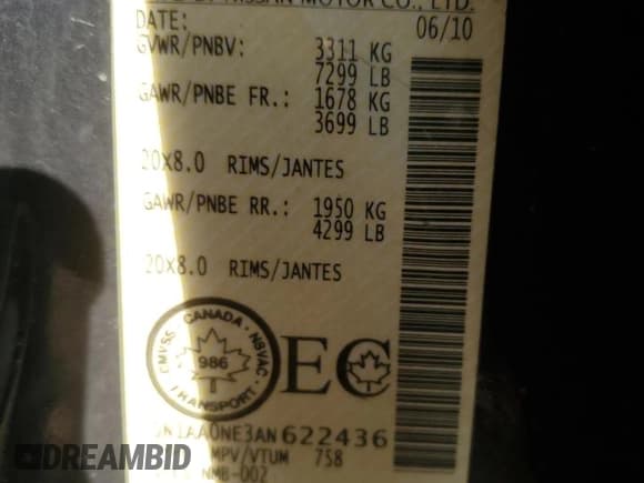 ✅ 2010 Nissan Armada Platinum • VIN: 5N1AA0NE3AN622436 • Lot: 68506195. Listed on Copart with 199,384 mi. Free auction sales archive from the USA and detailed vehicle history report at DreamBid. Image 14.