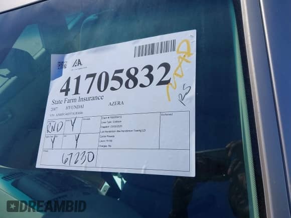 2007 Hyundai Azera SE with VIN KMHFC46F07A183646, listed as a IAAI auction lot 41705832 with 67,230 mi miles and . Bid and sale history available at DreamBid. Image 18.