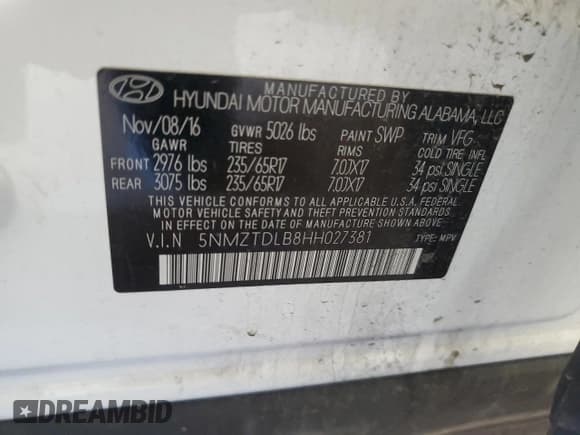 ✅ 2017 Hyundai Santa Fe 2.4L • VIN: 5NMZTDLB8HH027381 • Лот: 65454463. Опубликован ранее на Copart с пробегом Не указан. Бесплатный доступ к архиву аукционных продаж из США и подробный отчёт об истории автомобиля на DreamBid. Изображение 12.