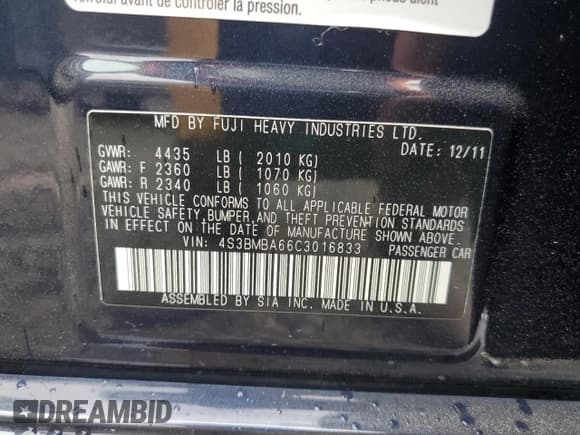 ✅ 2012 Subaru Legacy 2.5i • VIN: 4S3BMBA66C3016833 • Lot: 80882725. Listed on Copart with 208,708 mi. Free auction sales archive from the USA and detailed vehicle history report at DreamBid. Image 13.