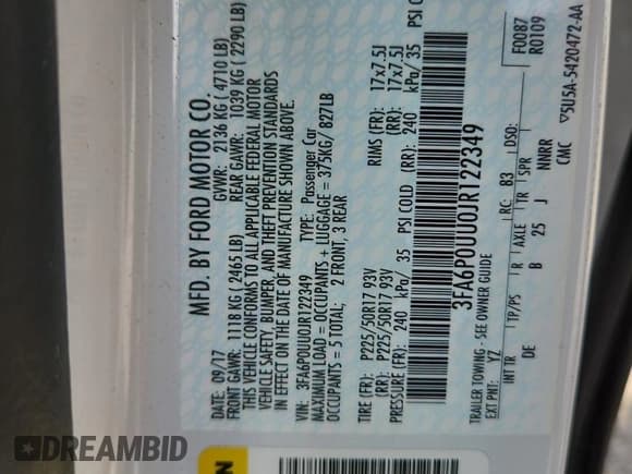 ✅ 2018 Ford Fusion S • VIN: 3FA6P0UU0JR122349 • Lot: 64980515. Listed on Copart with 101,298 mi. Free auction sales archive from the USA and detailed vehicle history report at DreamBid. Image 13.