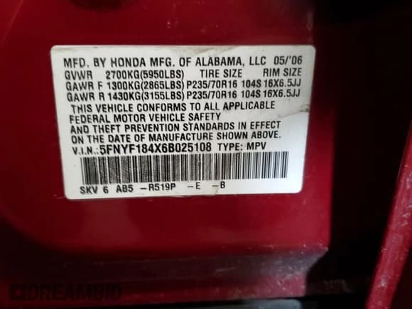 ✅ 2006 Honda Pilot EX • VIN: 5FNYF184X6B025108 • Лот: 89624075. Опубликован ранее на Copart с пробегом 159 607 миль. Бесплатный доступ к архиву аукционных продаж из США и подробный отчёт об истории автомобиля на DreamBid. Изображение 13.