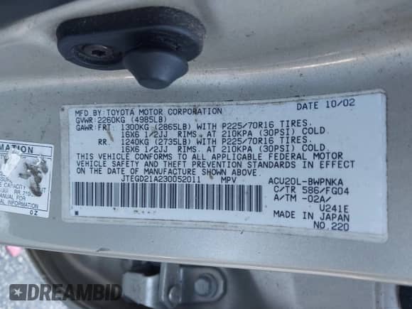 2003 Toyota Highlander с VIN JTEGD21A230052011, выставлен на аукционе IAAI как лот 42959988 с пробегом Не указан миль и . История ставок и продаж доступна на DreamBid. Изображение 9.