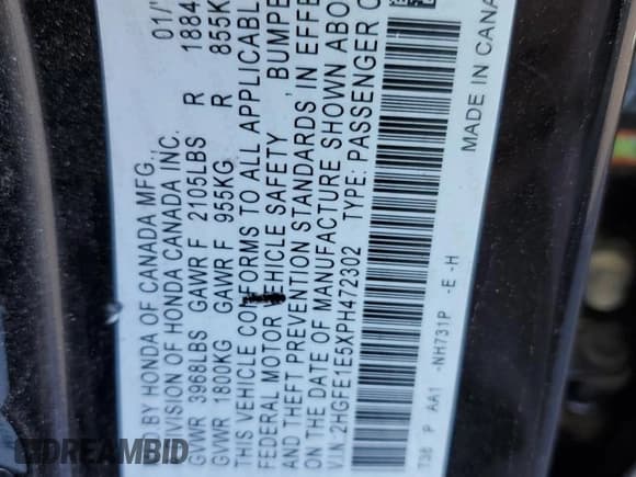 ✅ 2023 Honda Civic Si • VIN: 2HGFE1E5XPH472302 • Lot: 92956615. Listed on Copart with 34,673 mi. Free auction sales archive from the USA and detailed vehicle history report at DreamBid. Image 12.